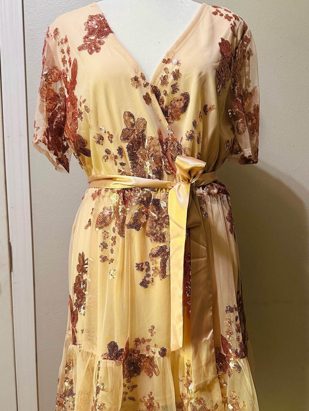 Southern Fried Chics- Gold Floral Sequin Midi faux wrap Dress with Satin Tie